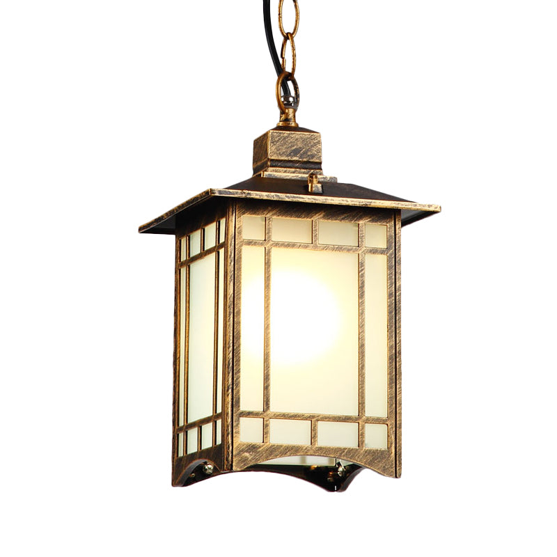 1 Head Opal Glass Pendant Lighting Country Bronze Lantern Shade Outdoor Hanging Light Kit Clearhalo 'Ceiling Lights' 'Glass shade' 'Glass' 'Pendant Lights' 'Pendants' Lighting' 817581