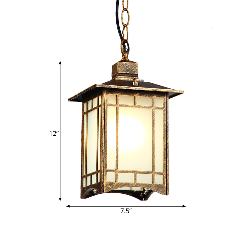 1 Head Opal Glass Pendant Lighting Country Bronze Lantern Shade Outdoor Hanging Light Kit Clearhalo 'Ceiling Lights' 'Glass shade' 'Glass' 'Pendant Lights' 'Pendants' Lighting' 817583