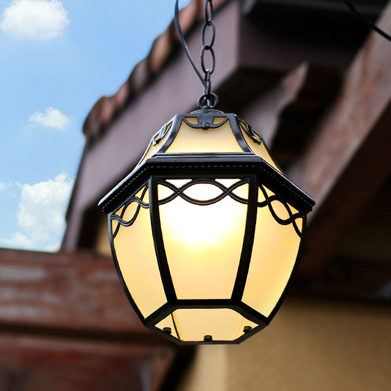 Black Birdcage Suspension Pendant Cottage White Glass 1-Bulb Courtyard Hanging Ceiling Light Black Clearhalo 'Ceiling Lights' 'Close To Ceiling Lights' 'Glass shade' 'Glass' 'Pendant Lights' 'Pendants' Lighting' 817584