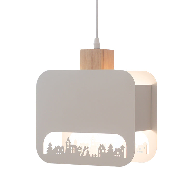 1 Bulb Kid Bedroom Hanging Light Kit Nordic White and Wood Pendant Lamp with Etched Square Iron Shade Clearhalo 'Ceiling Lights' 'Pendant Lights' 'Pendants' Lighting' 817614