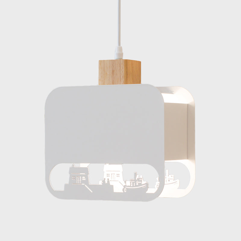 1 Bulb Kid Bedroom Hanging Light Kit Nordic White and Wood Pendant Lamp with Etched Square Iron Shade Clearhalo 'Ceiling Lights' 'Pendant Lights' 'Pendants' Lighting' 817623