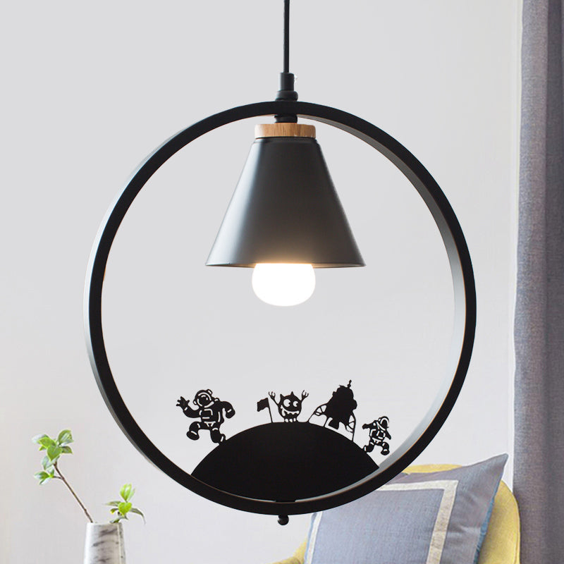 Iron Cone Shade Pendant Lamp Nordic 1 Bulb Black/White Hanging Light Fixture with Paper Cutting Decoration Clearhalo 'Ceiling Lights' 'Pendant Lights' 'Pendants' Lighting' 817673