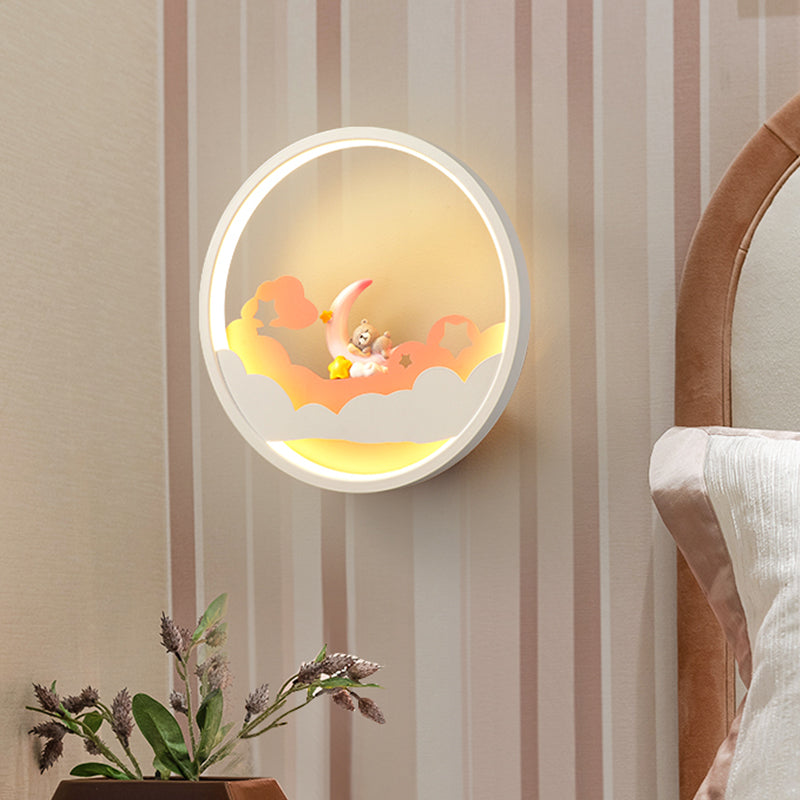 White Cloud Wall Sconce Lighting Contemporary LED Acrylic Ring Wall Lamp Fixture with Girl/Bear/Little Monk Deco Clearhalo 'Wall Lamps & Sconces' 'Wall Lights' Lighting' 817742