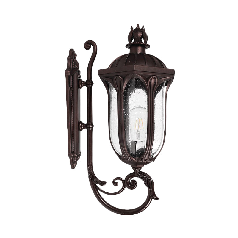 Swooping Arm Seedy Glass Sconce Lodge 1-Head Courtyard Wall Light Fixture in Dark Coffee Clearhalo 'Wall Lamps & Sconces' 'Wall Lights' Lighting' 817907