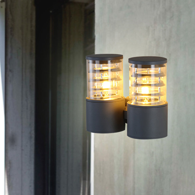 Cylinder Clear Glass Wall Light Sconce Country 2 Lights Outdoor Wall Mounted Lamp in Grey with Inner Multi Circle Grey Clearhalo 'Wall Lamps & Sconces' 'Wall Lights' Lighting' 818027