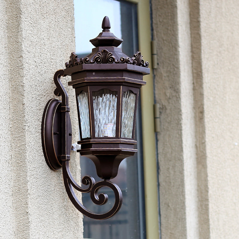 Country Lantern Wall Light Fixture 1-Head Clear Water Glass Wall Mount Lamp in Dark Coffee with Scrolled Arm Clearhalo 'Wall Lamps & Sconces' 'Wall Lights' Lighting' 818032