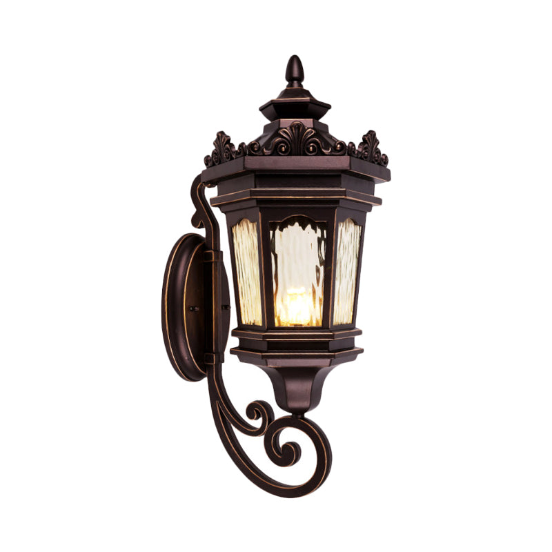 Country Lantern Wall Light Fixture 1-Head Clear Water Glass Wall Mount Lamp in Dark Coffee with Scrolled Arm Clearhalo 'Wall Lamps & Sconces' 'Wall Lights' Lighting' 818033