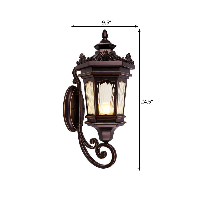 Country Lantern Wall Light Fixture 1-Head Clear Water Glass Wall Mount Lamp in Dark Coffee with Scrolled Arm Clearhalo 'Wall Lamps & Sconces' 'Wall Lights' Lighting' 818034