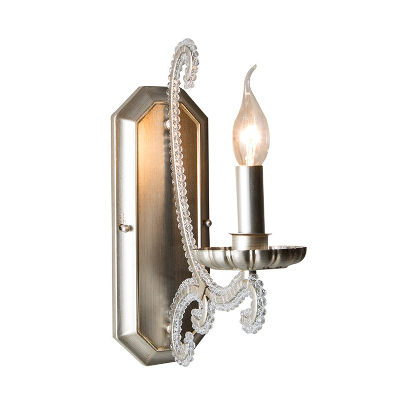 Silver Candelabra Wall Mounted Lighting Traditional Crystal Strand 1/2-Bulb Bedroom Wall Light Fixture Clearhalo 'Wall Lamps & Sconces' 'Wall Lights' Lighting' 818245