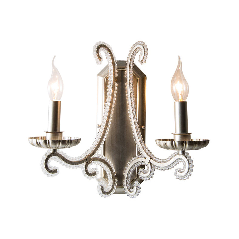 Silver Candelabra Wall Mounted Lighting Traditional Crystal Strand 1/2-Bulb Bedroom Wall Light Fixture Clearhalo 'Wall Lamps & Sconces' 'Wall Lights' Lighting' 818250