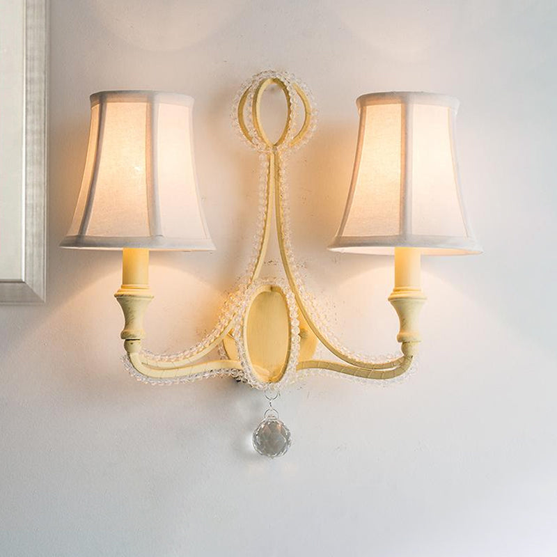 1/2-Bulb Wall Lighting Ideas Rustic Paneled Bell Fabric Wall Light Fixture in Beige/Aged Silver with Crystal Droplet Clearhalo 'Wall Lamps & Sconces' 'Wall Lights' Lighting' 818259