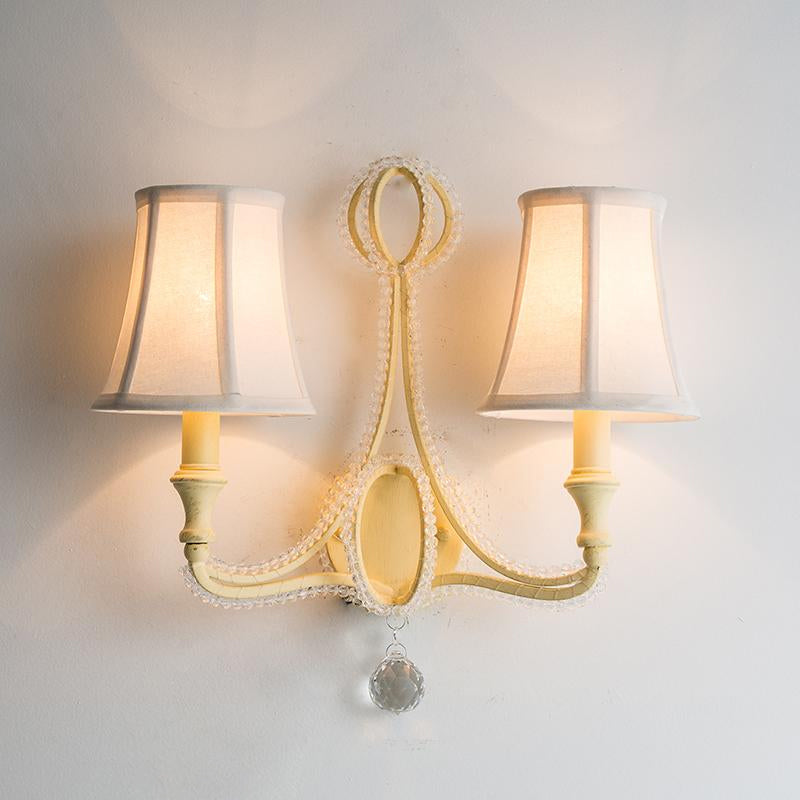 1/2-Bulb Wall Lighting Ideas Rustic Paneled Bell Fabric Wall Light Fixture in Beige/Aged Silver with Crystal Droplet Clearhalo 'Wall Lamps & Sconces' 'Wall Lights' Lighting' 818260