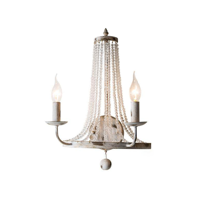 Basket Crystal Strand Wall Lighting Countryside 2-Light Bedroom Sconce Lamp in White with Candle Design Clearhalo 'Wall Lamps & Sconces' 'Wall Lights' Lighting' 818267