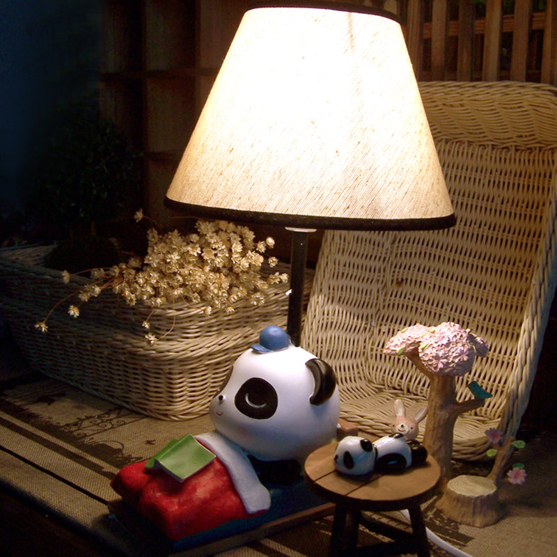 Sleeping Panda Bear Resin Table Light Cartoon 1 Head Black-White Nightstand Lamp with Cone Fabric Lamp Shade Black-White Clearhalo 'Lamps' 'Table Lamps' Lighting' 818323