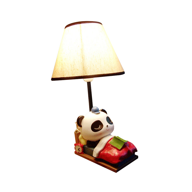Sleeping Panda Bear Resin Table Light Cartoon 1 Head Black-White Nightstand Lamp with Cone Fabric Lamp Shade Clearhalo 'Lamps' 'Table Lamps' Lighting' 818324