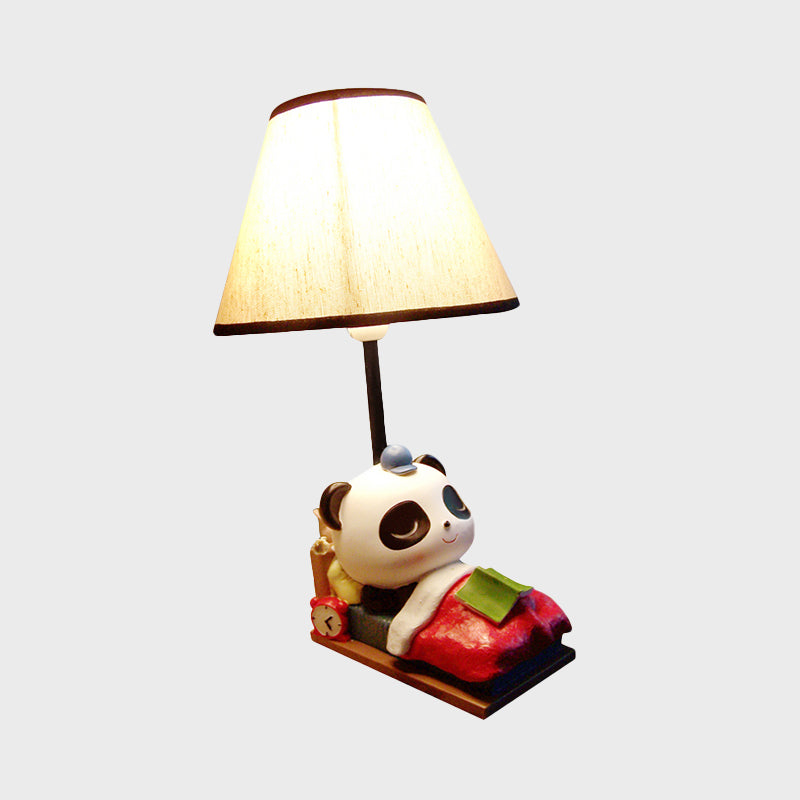 Sleeping Panda Bear Resin Table Light Cartoon 1 Head Black-White Nightstand Lamp with Cone Fabric Lamp Shade Clearhalo 'Lamps' 'Table Lamps' Lighting' 818325