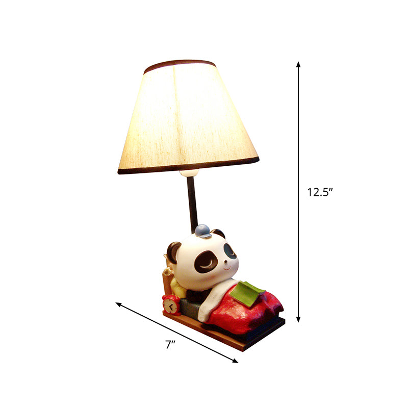 Sleeping Panda Bear Resin Table Light Cartoon 1 Head Black-White Nightstand Lamp with Cone Fabric Lamp Shade Clearhalo 'Lamps' 'Table Lamps' Lighting' 818326