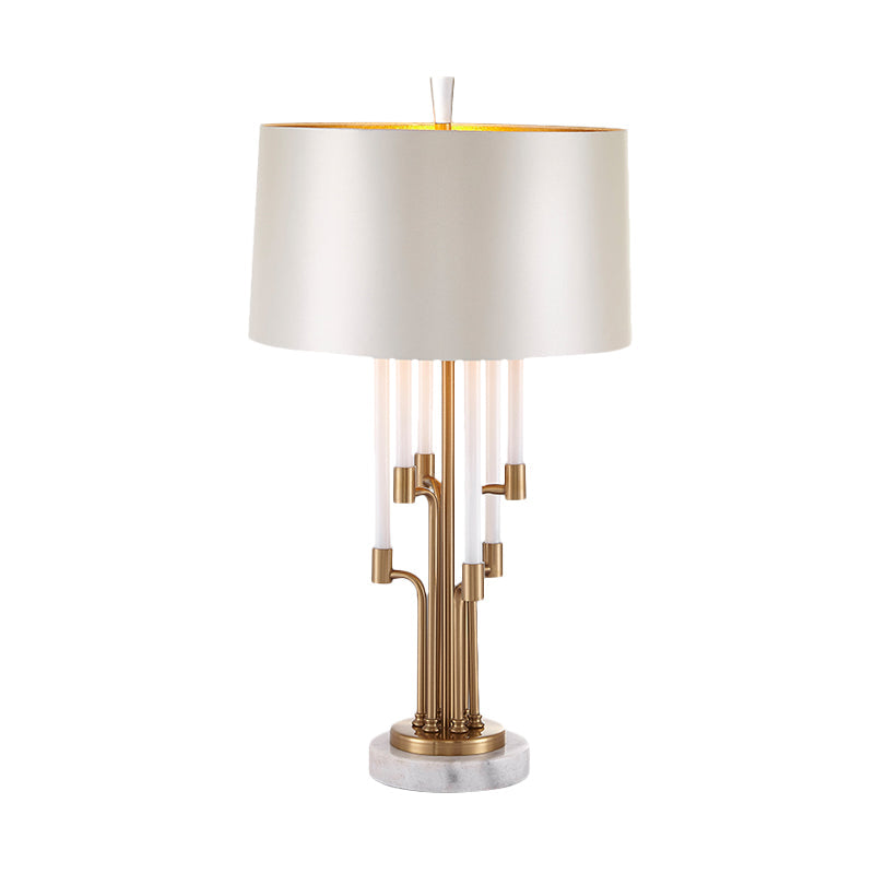 Traditional Drum Table Light 1 Light Fabric Nightstand Lighting in Inner Gold with Flute Crystal Deco Clearhalo 'Lamps' 'Table Lamps' Lighting' 818359