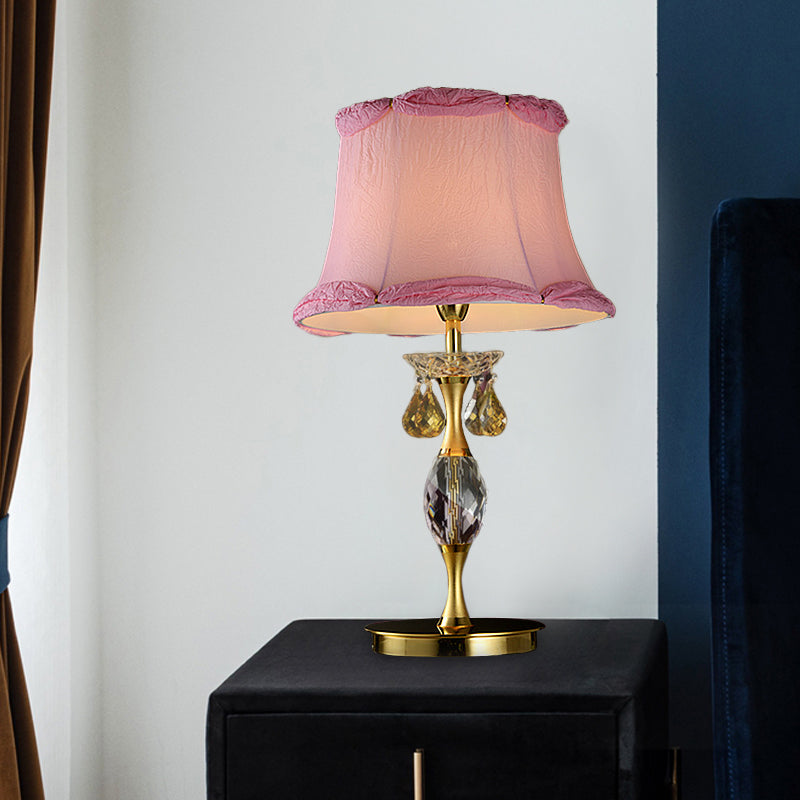 Bell Fabric Night Table Lamp Simple 1 Light Bedroom Nightstand Light in Pink with Crystal Urn Base Pink Clearhalo 'Lamps' 'Table Lamps' Lighting' 818361