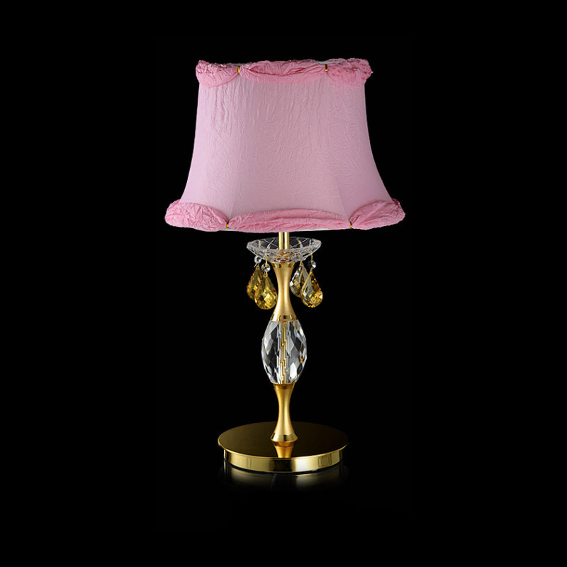 Bell Fabric Night Table Lamp Simple 1 Light Bedroom Nightstand Light in Pink with Crystal Urn Base Clearhalo 'Lamps' 'Table Lamps' Lighting' 818363