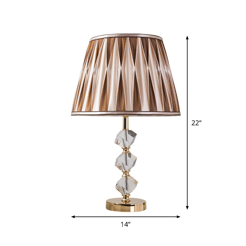 1 Light Pleated Shade Nightstand Light Minimal Brown Fabric Night Lamp with Crystal Block Design Clearhalo 'Lamps' 'Table Lamps' Lighting' 818368