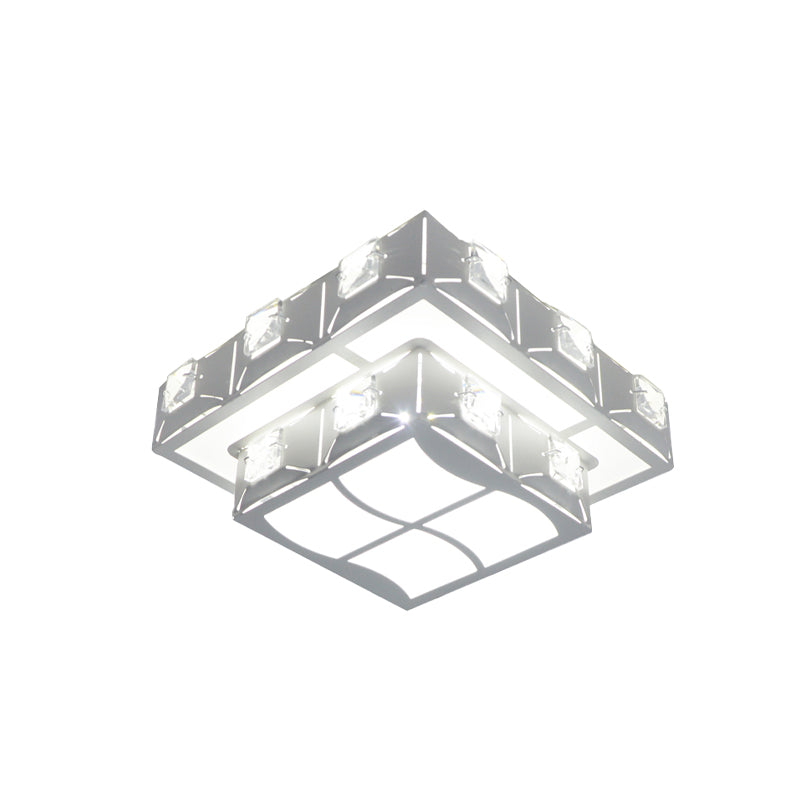 White 2-Tier Square Ceiling Lighting Modern Crystal Embedded Corridor LED Flush-Mount Light Fixture Clearhalo 'Ceiling Lights' 'Close To Ceiling Lights' 'Close to ceiling' 'Flush mount' Lighting' 818481