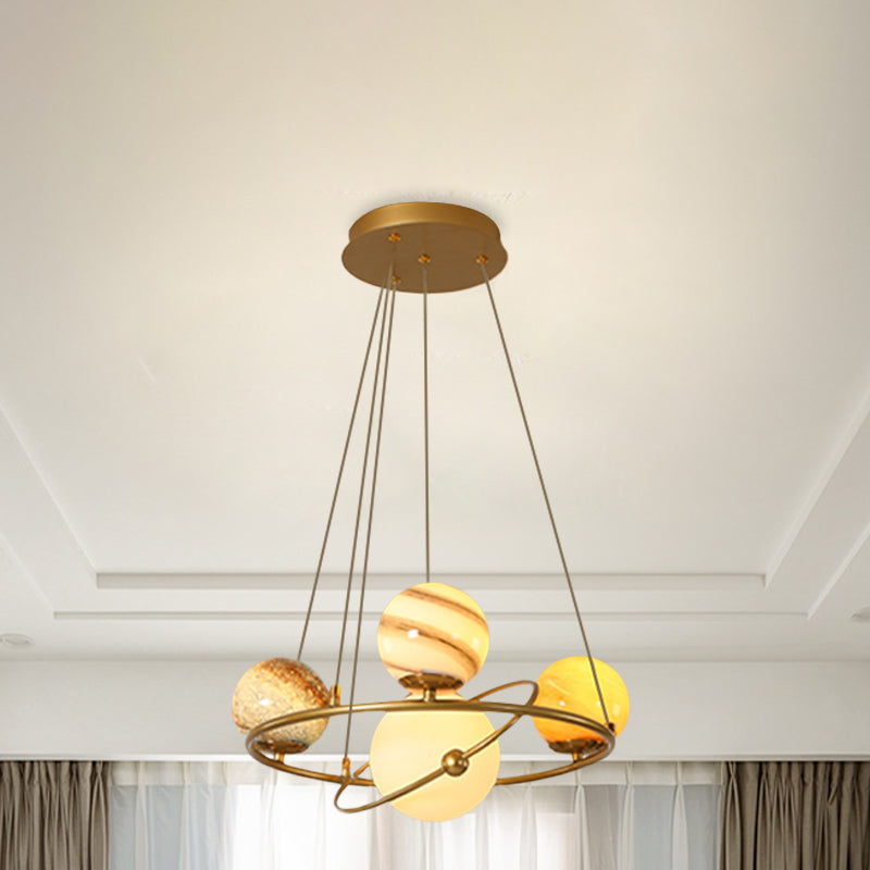 Kids Solar System Ceiling Pendant Light Stained Glass 4/6-Head Bedroom Chandelier Lighting in Gold Clearhalo 'Ceiling Lights' 'Chandeliers' Lighting' options 818550