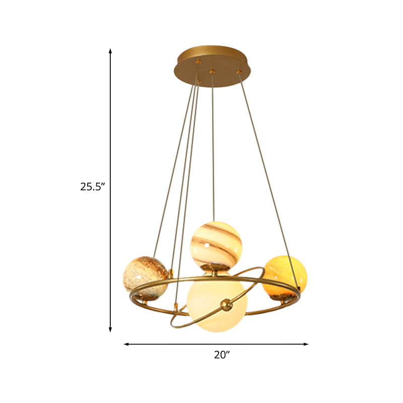 Kids Solar System Ceiling Pendant Light Stained Glass 4/6-Head Bedroom Chandelier Lighting in Gold Clearhalo 'Ceiling Lights' 'Chandeliers' Lighting' options 818552