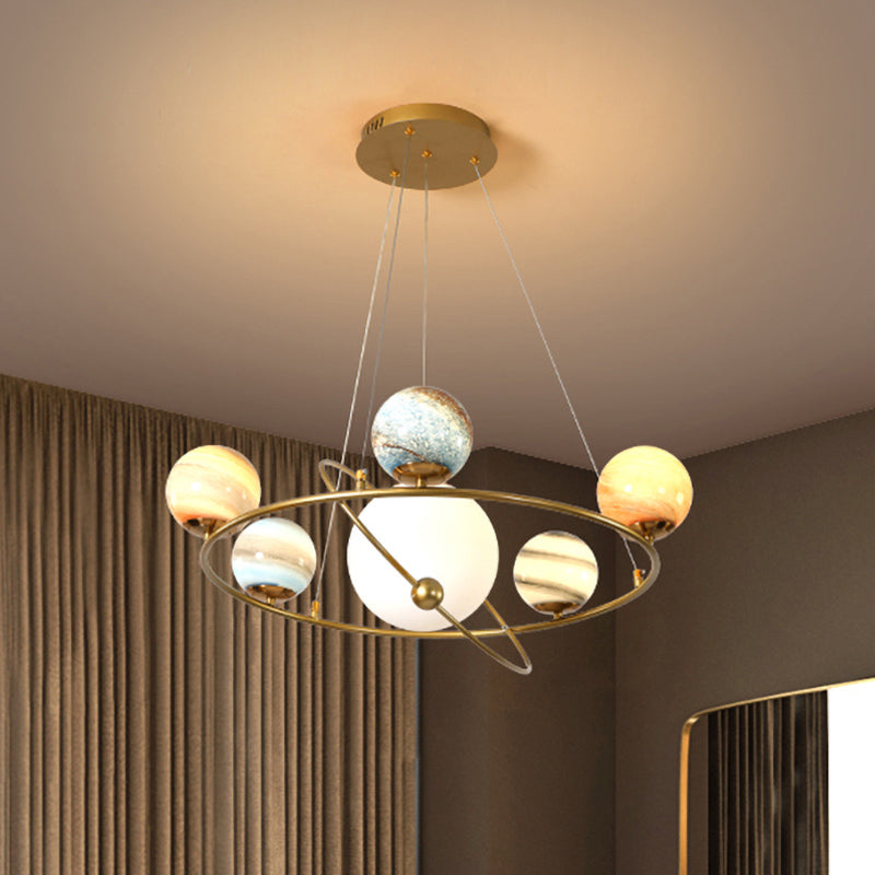 Kids Solar System Ceiling Pendant Light Stained Glass 4/6-Head Bedroom Chandelier Lighting in Gold Clearhalo 'Ceiling Lights' 'Chandeliers' Lighting' options 818554