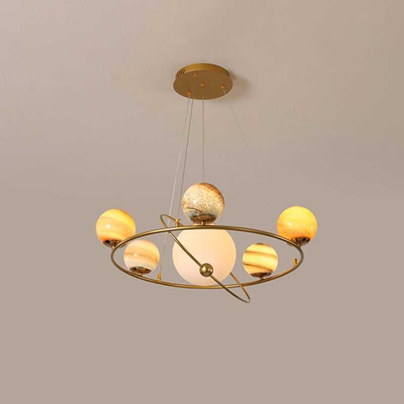 Kids Solar System Ceiling Pendant Light Stained Glass 4/6-Head Bedroom Chandelier Lighting in Gold Clearhalo 'Ceiling Lights' 'Chandeliers' Lighting' options 818556