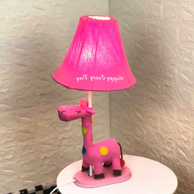Flared Script-Print Fabric Table Lighting Kids Single-Bulb Yellow/Blue/Pink Night Lamp with Giraffe Base Pink Clearhalo 'Lamps' 'Table Lamps' Lighting' 818657