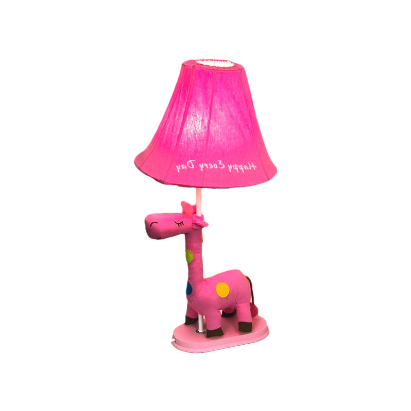 Flared Script-Print Fabric Table Lighting Kids Single-Bulb Yellow/Blue/Pink Night Lamp with Giraffe Base Clearhalo 'Lamps' 'Table Lamps' Lighting' 818659
