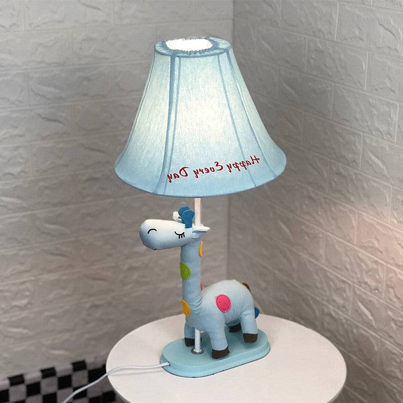 Flared Script-Print Fabric Table Lighting Kids Single-Bulb Yellow/Blue/Pink Night Lamp with Giraffe Base Blue Clearhalo 'Lamps' 'Table Lamps' Lighting' 818661
