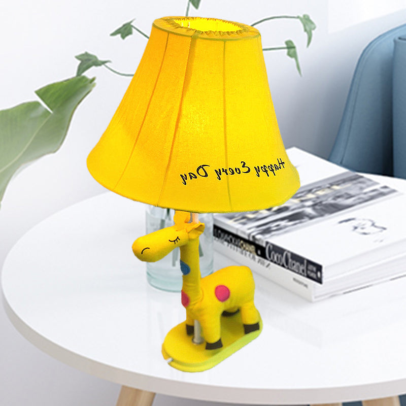 Flared Script-Print Fabric Table Lighting Kids Single-Bulb Yellow/Blue/Pink Night Lamp with Giraffe Base Yellow Clearhalo 'Lamps' 'Table Lamps' Lighting' 818665