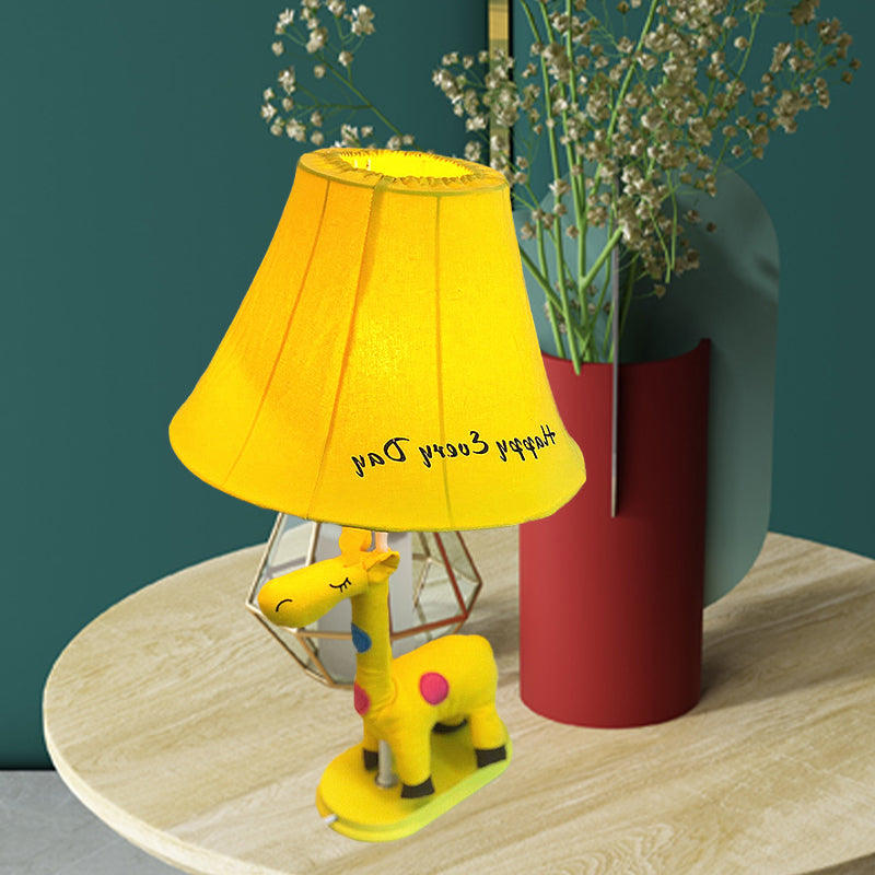 Flared Script-Print Fabric Table Lighting Kids Single-Bulb Yellow/Blue/Pink Night Lamp with Giraffe Base Clearhalo 'Lamps' 'Table Lamps' Lighting' 818666