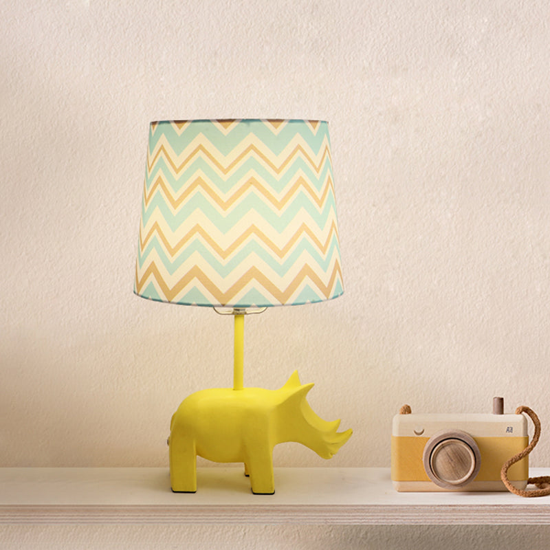 Cartoon 1 Bulb Table Lamp Pink Elephant/Peacock Blue/Yellow Rhinoceros Nightstand Light with Drum/Flared/Chevron Fabric Shade Yellow Clearhalo 'Lamps' 'Table Lamps' Lighting' 818673