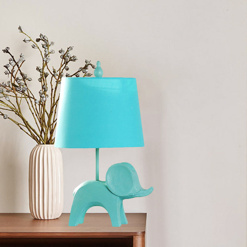 Cartoon 1 Bulb Table Lamp Pink Elephant/Peacock Blue/Yellow Rhinoceros Nightstand Light with Drum/Flared/Chevron Fabric Shade Clearhalo 'Lamps' 'Table Lamps' Lighting' 818684