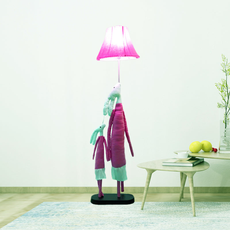 Cartoon 1-Light Floor Lighting Blue/Rose Red Rabbit Mon and Kid Standing Light with Flared Lampshade Rose Red Clearhalo 'Floor Lamps' 'Lamps' Lighting' 818904