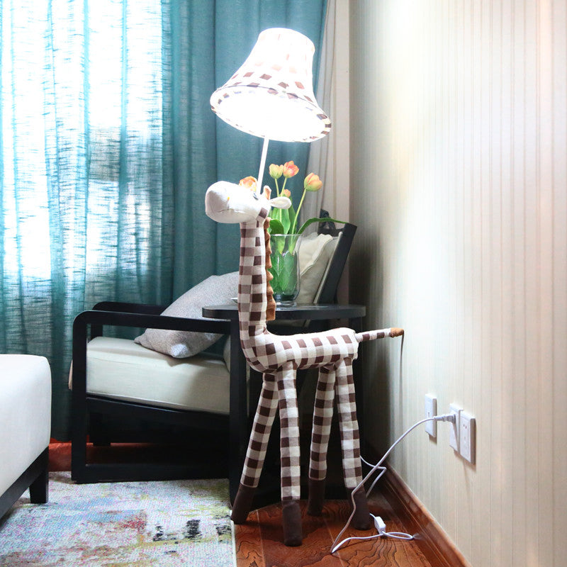 Checkered Fabric Deer Floor Light Kids 1-Head Coffee/Red Floor Reading Lamp with Bell Shade Clearhalo 'Floor Lamps' 'Lamps' Lighting' 818921