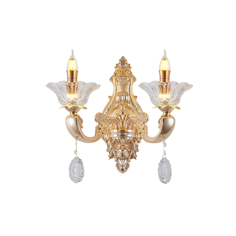 Retro Candlestick Sconce Lighting Fixture 1/2-Bulb Clear Crystal Glass Wall Mounted Light in Gold Clearhalo 'Wall Lamps & Sconces' 'Wall Lights' Lighting' 819014