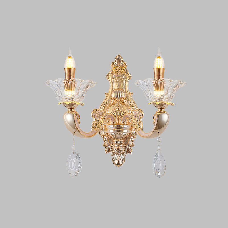 Retro Candlestick Sconce Lighting Fixture 1/2-Bulb Clear Crystal Glass Wall Mounted Light in Gold Clearhalo 'Wall Lamps & Sconces' 'Wall Lights' Lighting' 819015