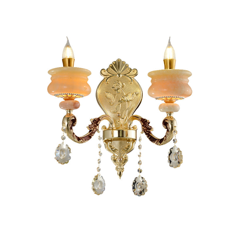 1/2-Bulb Candelabra Wall Lamp Traditionalism Gold Jade Wall Mounted Light Fixture with Crystal Drop Clearhalo 'Wall Lamps & Sconces' 'Wall Lights' Lighting' 819023