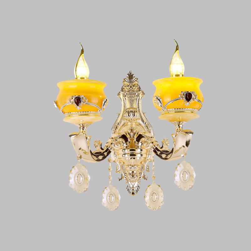 Candlestick Jade Wall Lamp Sconce Vintage 1/2-Head Bedroom Wall Light Fixture in Gold with Crystal Drop Clearhalo 'Wall Lamps & Sconces' 'Wall Lights' Lighting' 819033