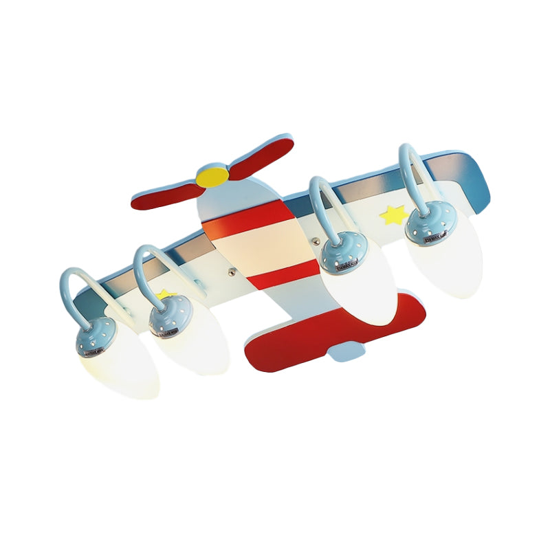 Wood Airplane Ceiling Flush Cartoon 4-Light Blue and Red Flush Mount Lamp with Bullet Opal Glass Shade Clearhalo 'Ceiling Lights' 'Close To Ceiling Lights' 'Close to ceiling' 'Glass shade' 'Glass' 'Pendant Lights' 'Semi-flushmount' Lighting' 819161