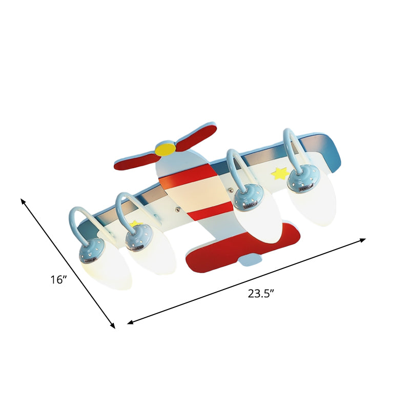 Wood Airplane Ceiling Flush Cartoon 4-Light Blue and Red Flush Mount Lamp with Bullet Opal Glass Shade Clearhalo 'Ceiling Lights' 'Close To Ceiling Lights' 'Close to ceiling' 'Glass shade' 'Glass' 'Pendant Lights' 'Semi-flushmount' Lighting' 819163