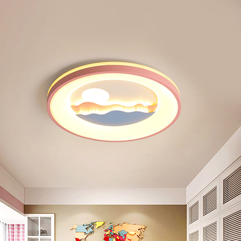 Round Acrylic Flush Light Fixture with Sunset Design Nordic LED Pink/Blue Flush Mount Lamp for Child Bedroom Pink Clearhalo 'Ceiling Lights' 'Close To Ceiling Lights' 'Close to ceiling' Lighting' 819176