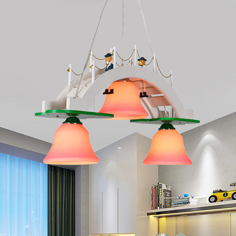 Pink Glass Bell Chandelier Kids 3-Light Down Lighting Pendant with Wooden Bridge Design Clearhalo 'Ceiling Lights' 'Chandeliers' Lighting' options 819370