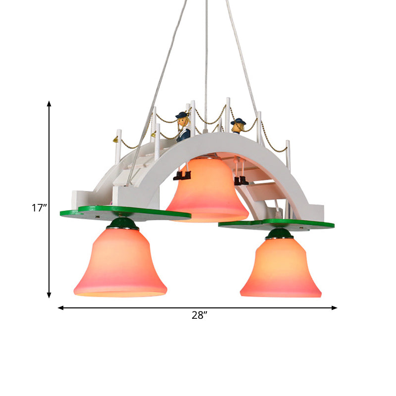 Pink Glass Bell Chandelier Kids 3-Light Down Lighting Pendant with Wooden Bridge Design Clearhalo 'Ceiling Lights' 'Chandeliers' Lighting' options 819373