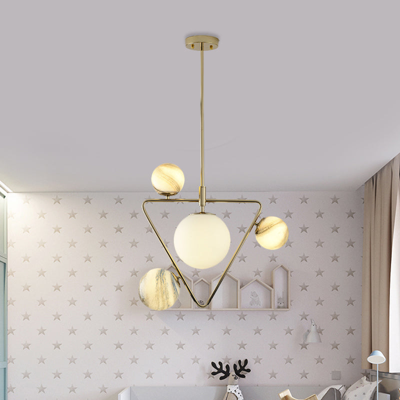 Nordic Ball Chandelier Light Frosted Glass 4-Bulb Living Room Pendant Lamp in Gold with Triangle Cage Gold Clearhalo 'Ceiling Lights' 'Chandeliers' Lighting' options 819374_316a274d-abb2-435e-a6c7-3127755c3e21