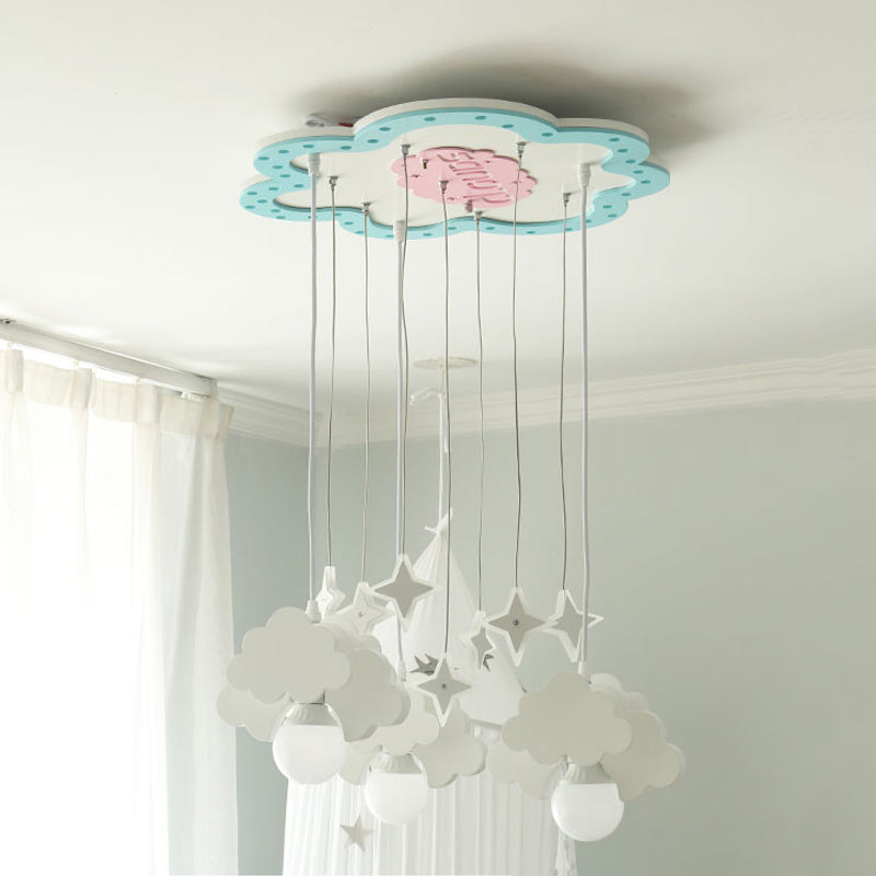 Wooden Cloud Cluster Pendant Light Kids 3 Bulbs Blue and White Suspension Lamp for Nursery Blue-White Clearhalo 'Ceiling Lights' 'Pendant Lights' 'Pendants' Lighting' 819458_08bd0aa3-bcb6-44d4-9bee-c5d9db3e3b26